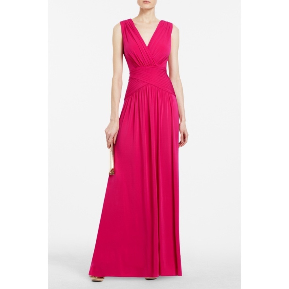 BCBG KAEYA DRAPED JERSEY V-NECK DRESS FUSCHIABERRY